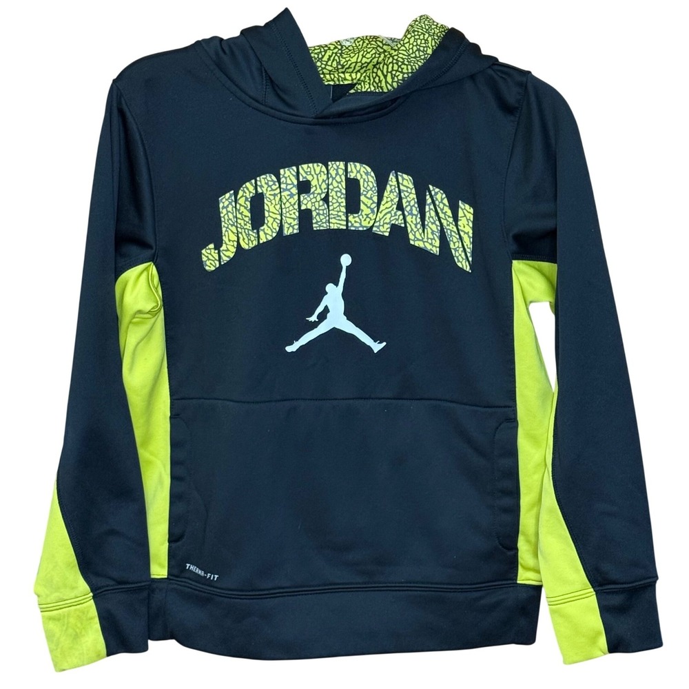 Kids Jordan Therma-FIT Hoodie‎ Black Neon Yellow Jumpman Pullover L Activewear